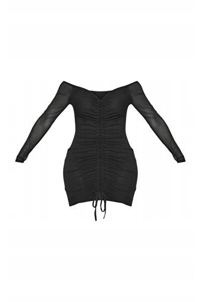 NO BRAND Prettylittlething Rochie mini neagră mulată din plasă cu drapaje 40