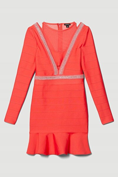 NO BRAND Rochie bandaj coral cu mânecă lungă, decorată cu volane, Karen Millen S