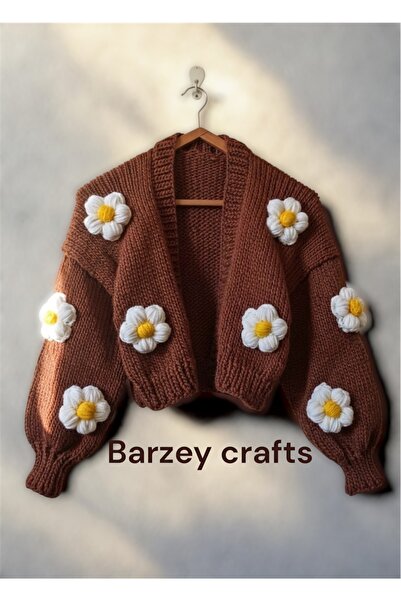 Barzey crafts EL örgüsü kişiye özel tasarım çiçekli papatya motifli kadın hırka