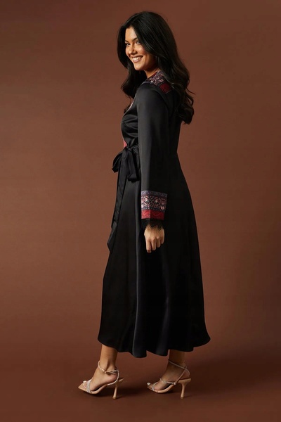 NO BRAND Rochie neagră Midaxi, cu mâneci lungi, imprimeuri boho, cu legătură,...
