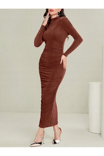 NO BRAND Rochie Maxi Mulată Mânecă Lungă Guler Înalt Volane Clasică Shein 36