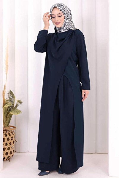 TRENDTESETTÜR KADIN LACİVERT ASİMETRİK KESİM PANTOLONLU TAKIM T 8698