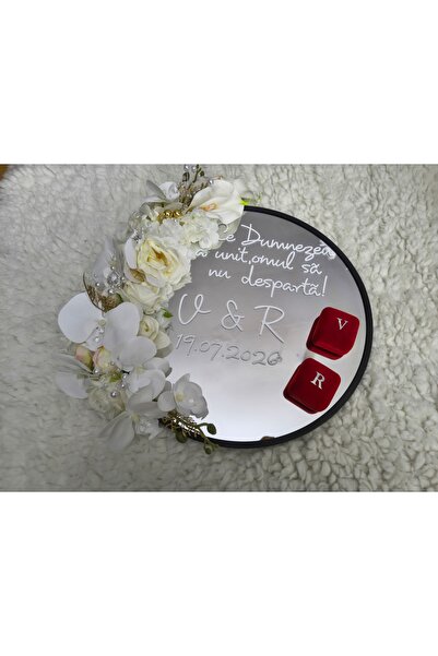 Generic Brand Tava pentru verighete cu oglindă personalizată și flori albe – ...