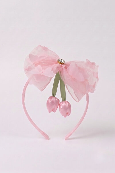 Le Mabelle Pink Tulip Figured Butterfly Tulle and Stone Girls' Crown