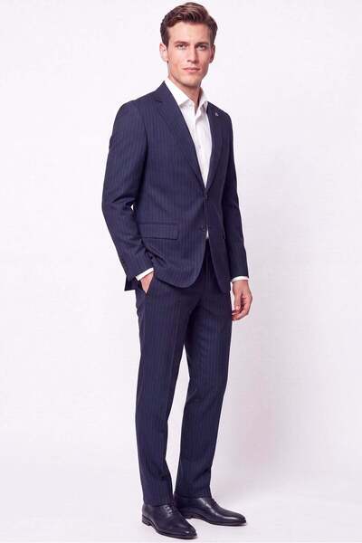 Efor Slim Fit Mono Collar Flexible Wool Navy Blue Striped Suit Tk 942