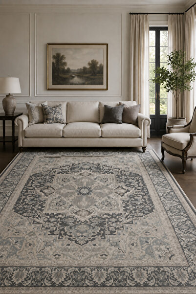 Fuly Consept Home Design Gri Antrasit Klasik Madalyon Desenli Dekoratif Salon...