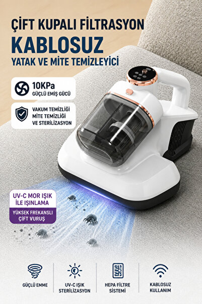 Rabbit Tech Güçlü Kablosuz Akar ve Toz UV Işıklı Yatak ve Koltuk Temizleyici
