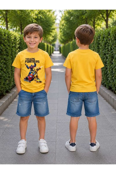 Hafez Kids Boys' Transformers Printed T-Shirt 4-Pocket Denim Shorts Two-Piece...