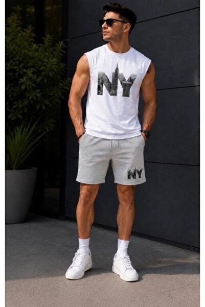 ALCİNOUS Cotton Printed White Sleeveless Sports Tank Top and Gray Shorts 2-Pi...