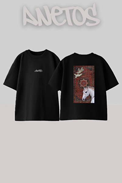 Anetos White Horse Dove Rug Design Back Printed Cotton Black Oversize T-Shirt