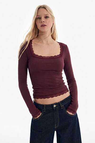 DAMGA JEANS بلوزة نسائية صيفية فاخرة من الدانتيل باللون العنابي