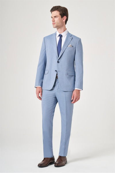 İmza Blue-Grey Mono Collar Striped 6 Drop Slim Fit Full Lining Flexible Suit ...