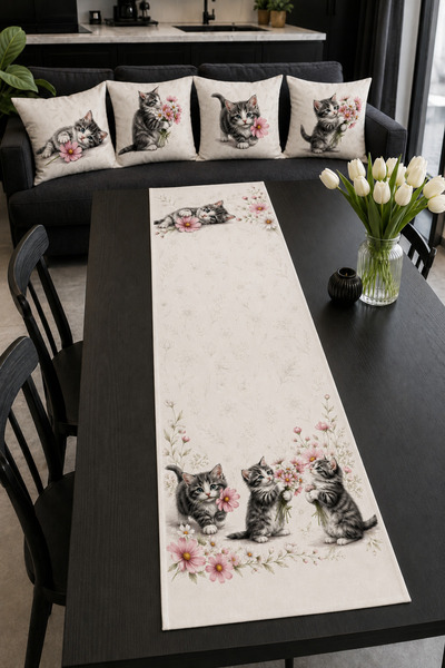 Bebişim Halı Cute Cat and Pink Floral Patterned Runner and Set of 4 Throw Pil...