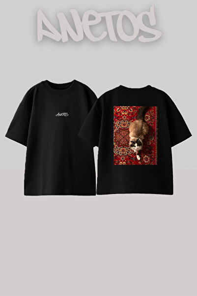 Anetos Cat Hali Design Back Printed Cotton Black Oversize T-Shirt
