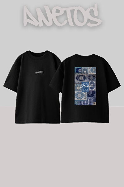 Anetos Tricou oversize negru din bumbac cu imprimeu pe spate cu design arab S...