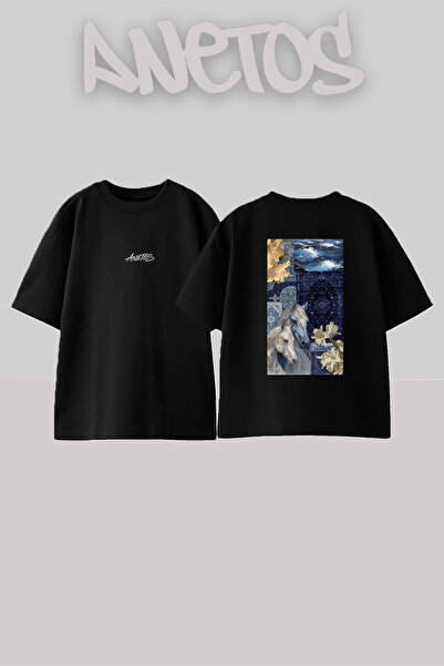 Anetos Blue Horse Pattern Design Back Printed Cotton Black Oversize T-Shirt