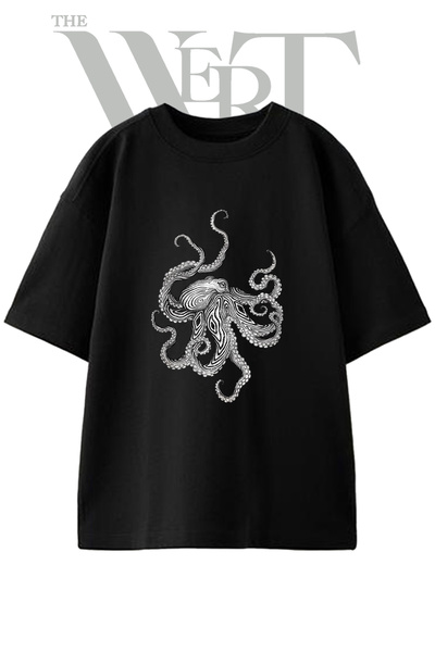 THEWERT Octopus Drawing Design Printed Unisex Black Oversize T-Shirt
