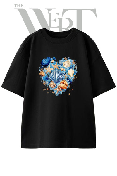 THEWERT Kabuk Yildiz Design Printed Unisex Black Oversize T-Shirt