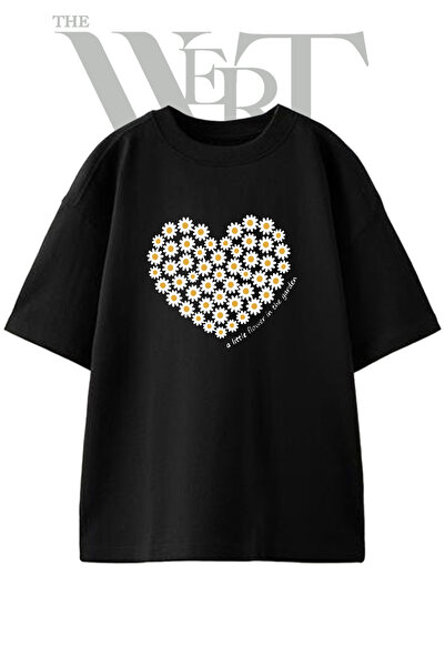 THEWERT Μπλουζάκι Papatya Heart Design με στάμπα Unisex Μαύρο Oversize