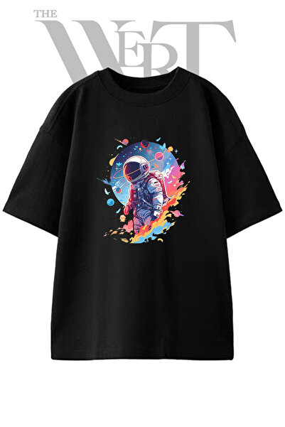 THEWERT Tricou oversize negru unisex cu imprimeu Astronaut Space Design