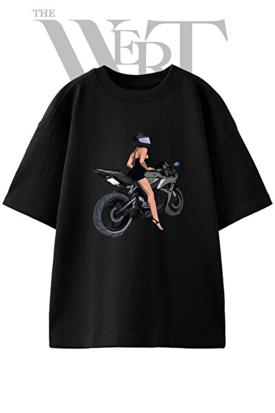 THEWERT Biker Women's Design Printed Unisex Black Oversize T-Shirt