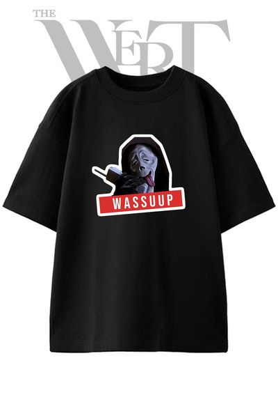 THEWERT تي شيرت أسود كبير الحجم مطبوع بتصميم Wassuup Meme للجنسين