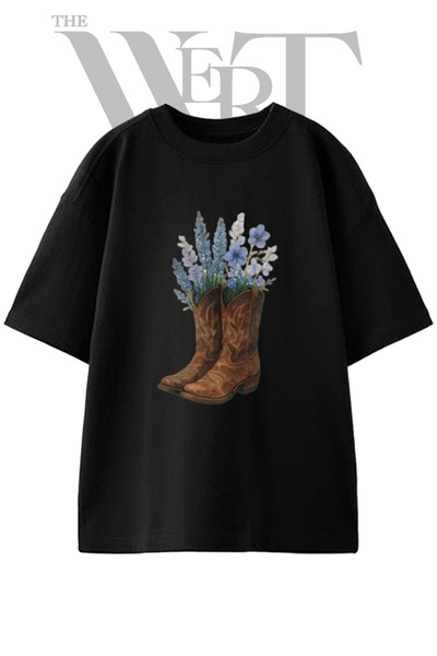 THEWERT Tricou oversize negru unisex cu imprimeu cu design de cizme de cowboy...