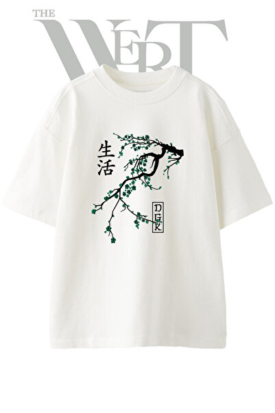 THEWERT Sakura Kanji Design Printed Unisex White Oversize T-Shirt