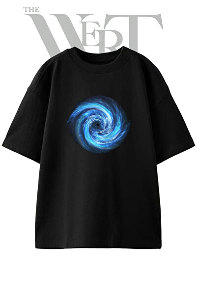 THEWERT تي شيرت أسود كبير الحجم مطبوع بتصميم Cosmic Vortex للجنسين