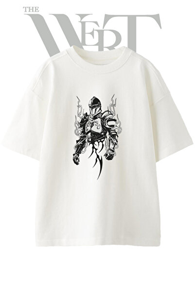 THEWERT Tribal Knight Design Printed Unisex White Oversize T-Shirt