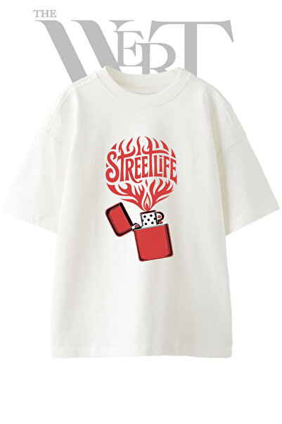 THEWERT Streetlife Lighter Design Τυπωμένο Unisex Λευκό Oversize T-shirt