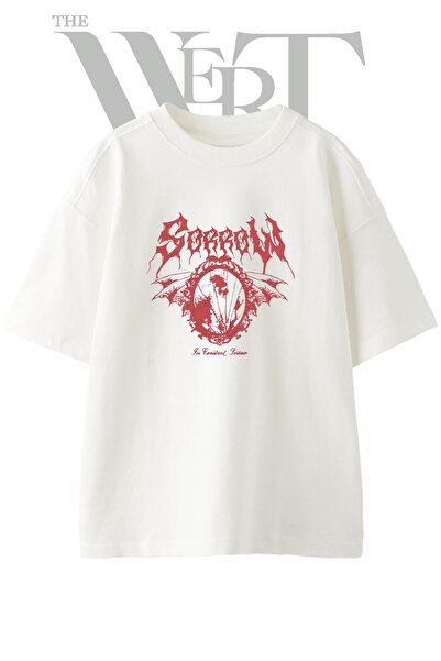 THEWERT Tricou oversize alb unisex cu imprimeu cu design cu craniu și oglindă