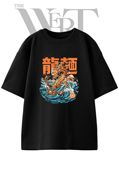 THEWERT Ramen Dragon Design Printed Unisex Black Oversize T-Shirt