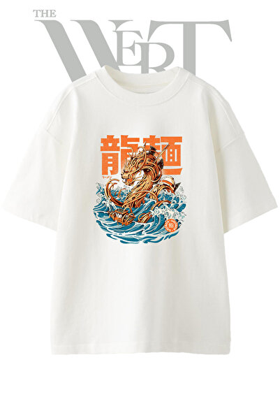 THEWERT Tricou oversize alb unisex cu imprimeu Ramen Dragon Design