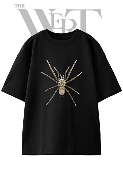THEWERT Tricou negru oversize unisex cu imprimeu translucid Spider Design