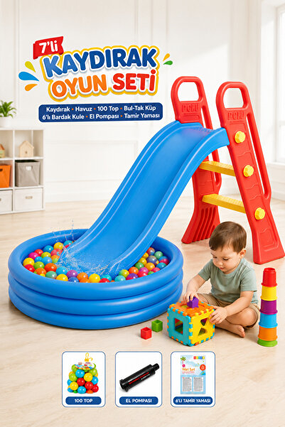 YILDIRIM OYUNCAK 7'li Kaydırak Oyun Seti – Çocuk Kaydırağı, 114×25 cm Havuz, ...