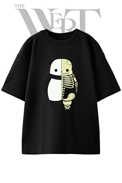 THEWERT Tricou oversize negru unisex cu imprimeu Panda Skeleton Design