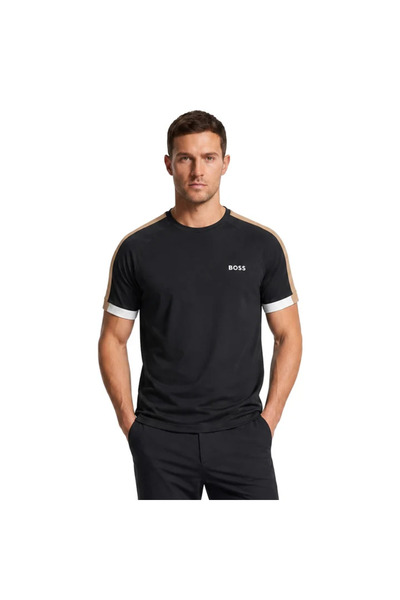 BOSS Erkek Normal Kesim Yuvarlak Yakalı Kolları Desenli Kısa Kollu Siyah T-Shirt