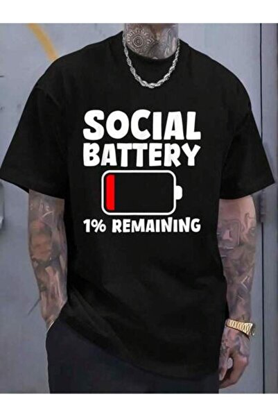 9JY تي شيرت قطني 100% بتصميم مرح وطباعة 'Social Battery 1% Remaining' للنساء ...
