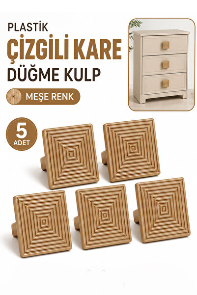 Badem10 Plastik Çizgili Kare Düğme Kulp 5 Adet Meşe Rengi Mobilya Dolap Çekme...