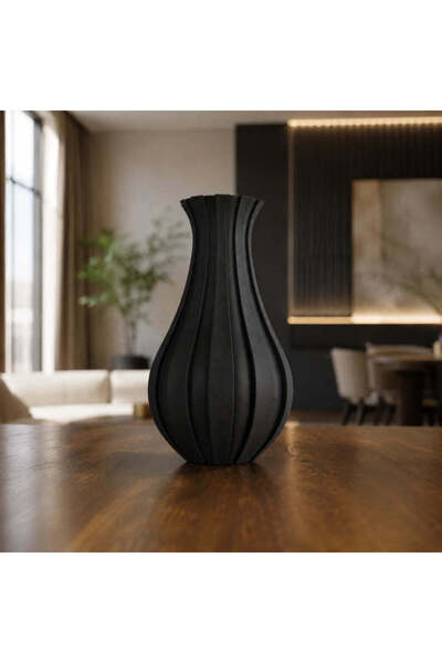 OEM Vaza decorativa negru mat, 20 cm, cu linii in relief, ideala pentru flori...