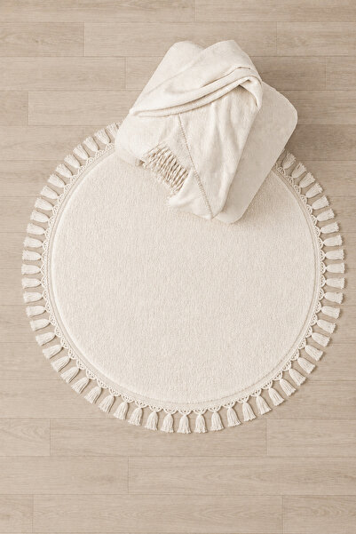 Sarar Round Knitted Fringed Plush Post Washable Non-Slip Base Carpet Rug Cream