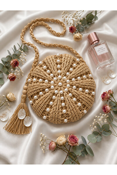Verda Desing Pearl Embellishment Detailed Round Macaron Straw Light Straw Col...