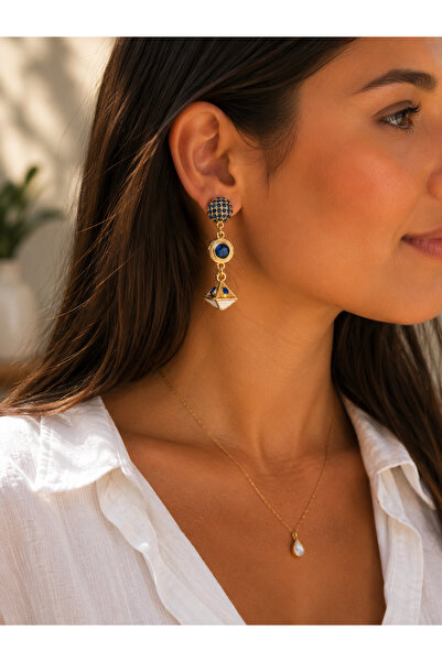 ANKA JEWELLRY أقراط نسائية من الفولاذ باللون الأزرق الداكن مع تفاصيل حجرية | ...