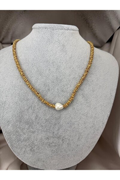 ZS Aksesuar Women's Silver Color Twisted Chain Heart Pearl Detailed Choker Ne...