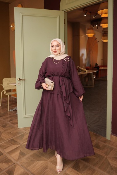 İmajButik Σετ Φούστας με Λεπτομέρεια Σάλι σε Χρώμα Δαμασκηνί