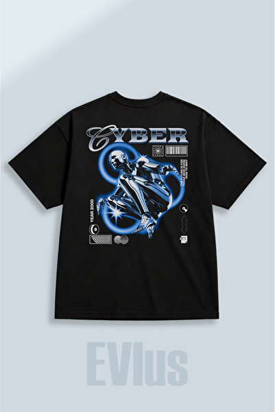 EVIus Oversize Cyber Printed 100% βαμβακερό μπλουζάκι με λαιμόκοψη και φαρδιά...
