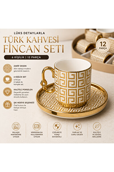 SELÇUK Lüks 6 Kişilik 12 Parça Porselen Türk Kahvesi Fincan Takımı – Altın Ge...