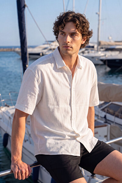 MENOFOURSWEAR قميص رجالي فاخر بأكمام قصيرة مصنوع من القطن بنسبة 100% وقصة عاد...