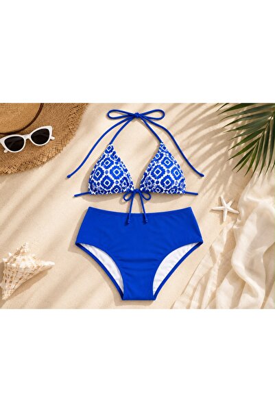 TEMSSHOP Premium Women's Cobalt Blue High Waist Bikini Set Geometric Patterned Drawstring Triangle Beach and Pool Bikini 2026 Season